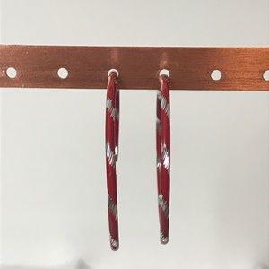 Red and Silvertone Striped Metallic Hoop Earrings
